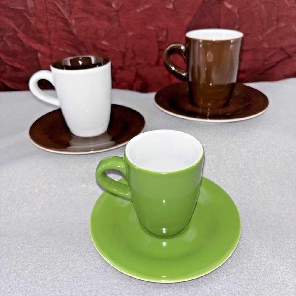 Kahla Germany  Demitasse Espresso Cups & Saucers Brown White Green 3 Sets EUC